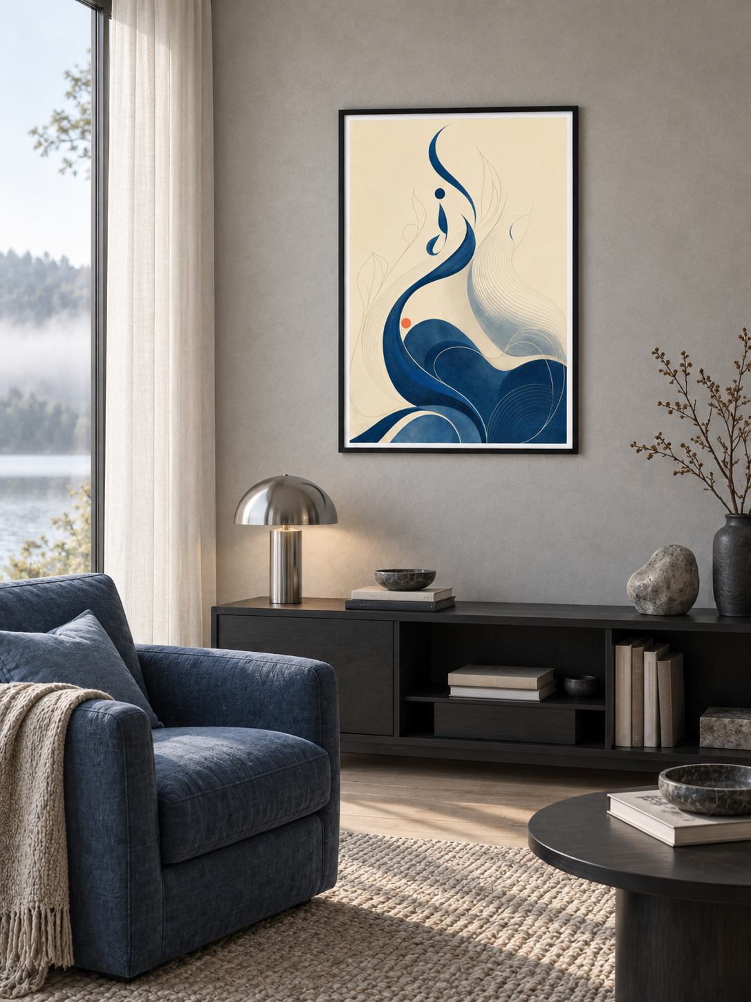 Sea Line: flowing blue Arabic-inspired curves and delicate gold-toned lines, displayed in a slim black frame in a styled interior.