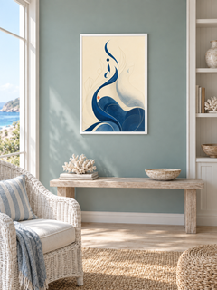 Sea Line: flowing blue Arabic-inspired curves and delicate gold-toned lines, displayed in a slim white frame in a styled interior.