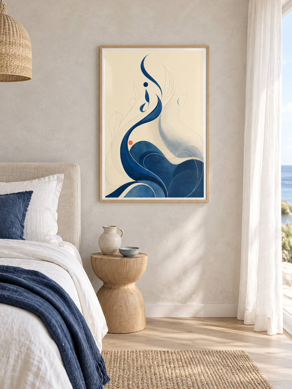 Sea Line: flowing blue Arabic-inspired curves and delicate gold-toned lines, displayed in a slim light wooden texture PVC frame in a styled interior.