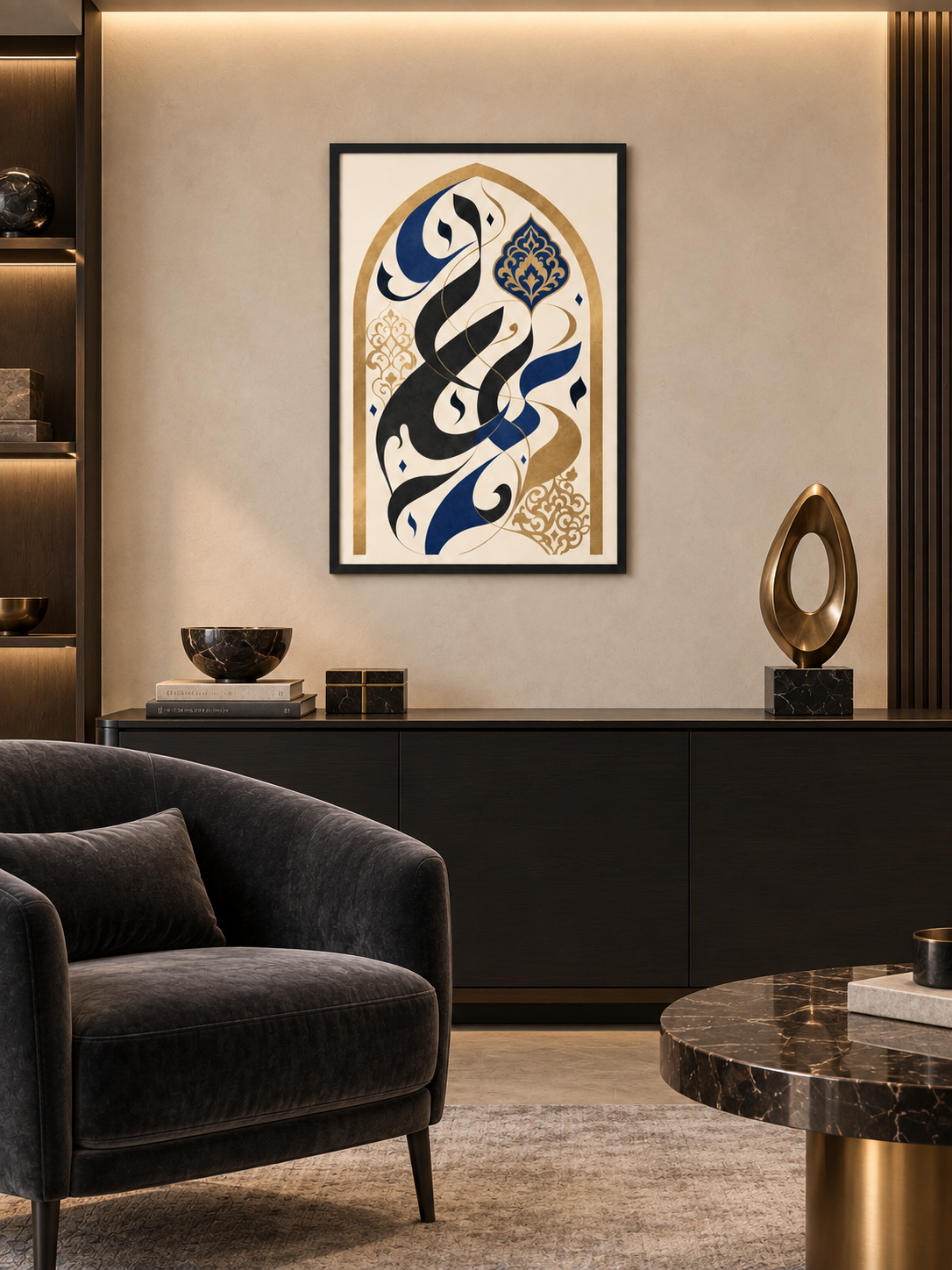 Golden Arch: navy and black calligraphy inside a decorative golden arch, displayed in a slim black frame in a styled interior.