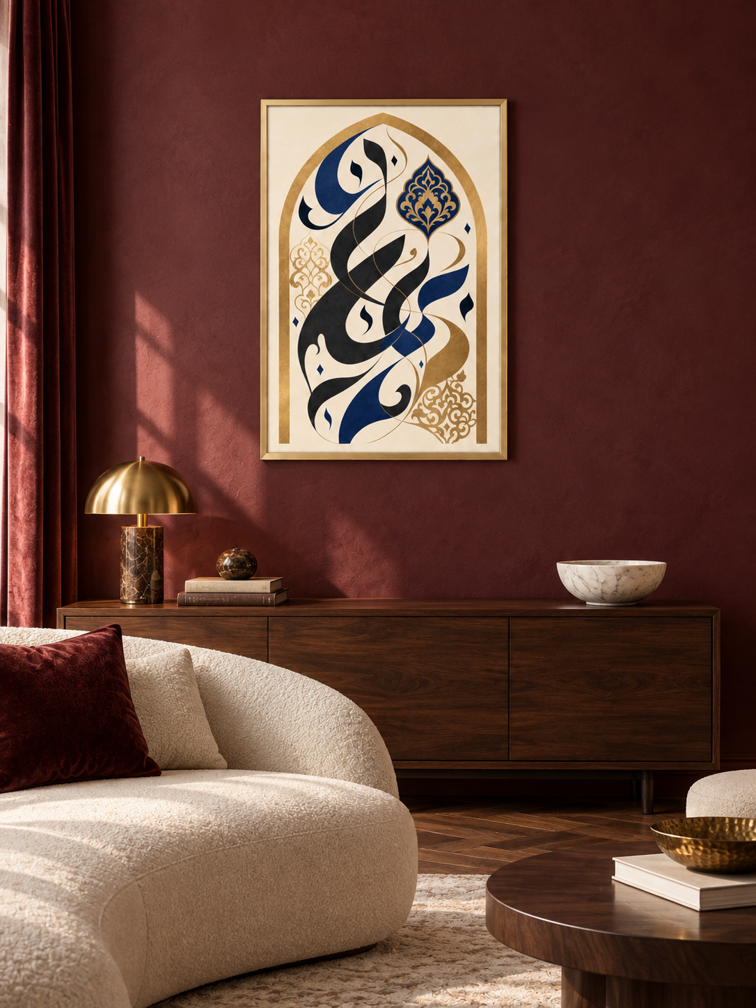 Golden Arch: navy and black calligraphy inside a decorative golden arch, displayed in a slim gold frame in a styled interior.
