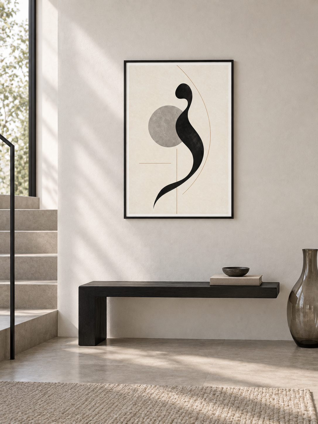 Quiet Mark: minimal black calligraphic form with a grey circle, displayed in a slim black frame in a styled interior.