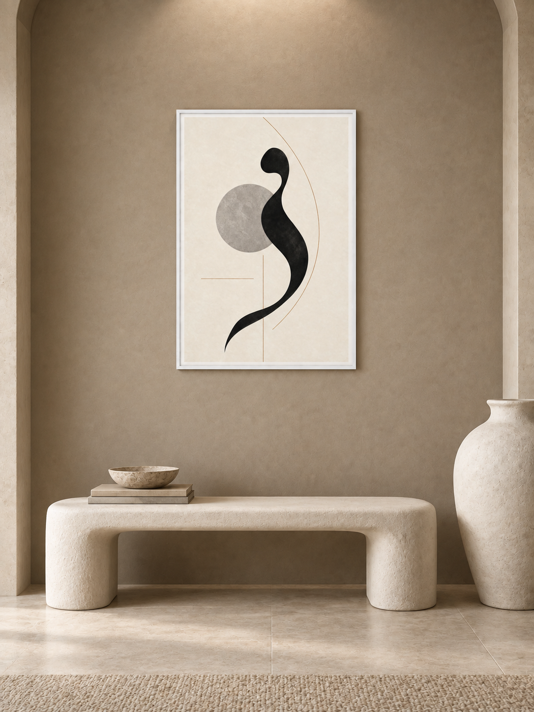 Quiet Mark: minimal black calligraphic form with a grey circle, displayed in a slim white frame in a styled interior.