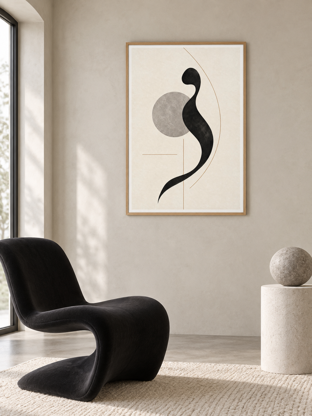 Quiet Mark: minimal black calligraphic form with a grey circle, displayed in a slim light wooden texture PVC frame in a styled interior.