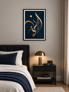 Night Script: cream and gold calligraphic strokes on deep navy, displayed in a slim black frame in a styled interior.