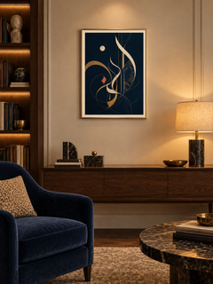 Night Script: cream and gold calligraphic strokes on deep navy, displayed in a slim gold frame in a styled interior.