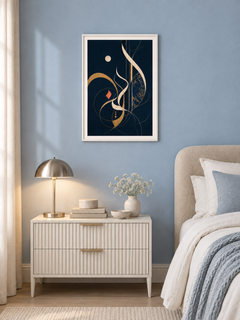 Night Script: cream and gold calligraphic strokes on deep navy, displayed in a slim white frame in a styled interior.