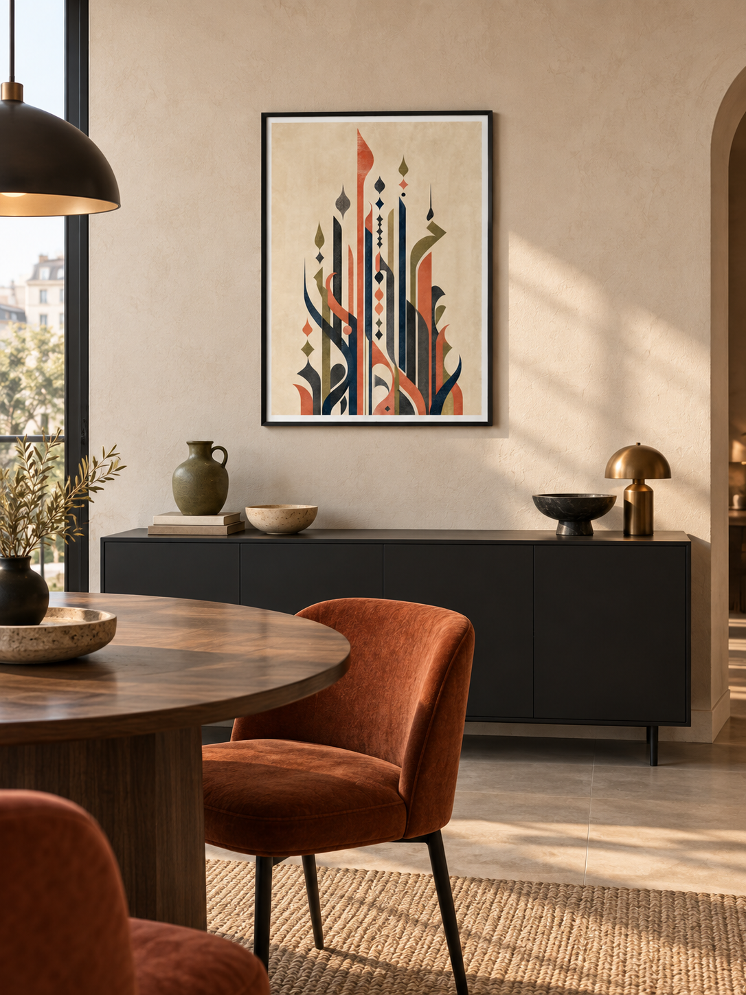Extension: vertical Arabic-inspired letterforms in charcoal olive and terracotta, displayed in a slim black frame in a styled interior.