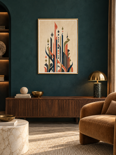 Extension: vertical Arabic-inspired letterforms in charcoal olive and terracotta, displayed in a slim gold frame in a styled interior.