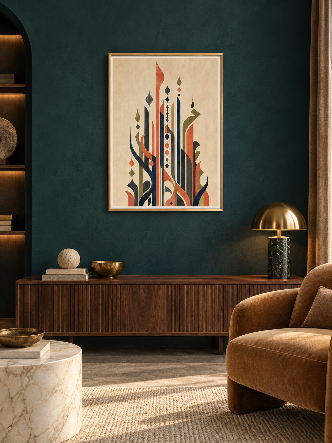 Extension: vertical Arabic-inspired letterforms in charcoal olive and terracotta, displayed in a slim gold frame in a styled interior.