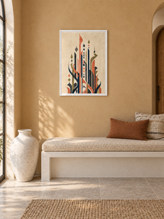 Extension: vertical Arabic-inspired letterforms in charcoal olive and terracotta, displayed in a slim white frame in a styled interior.