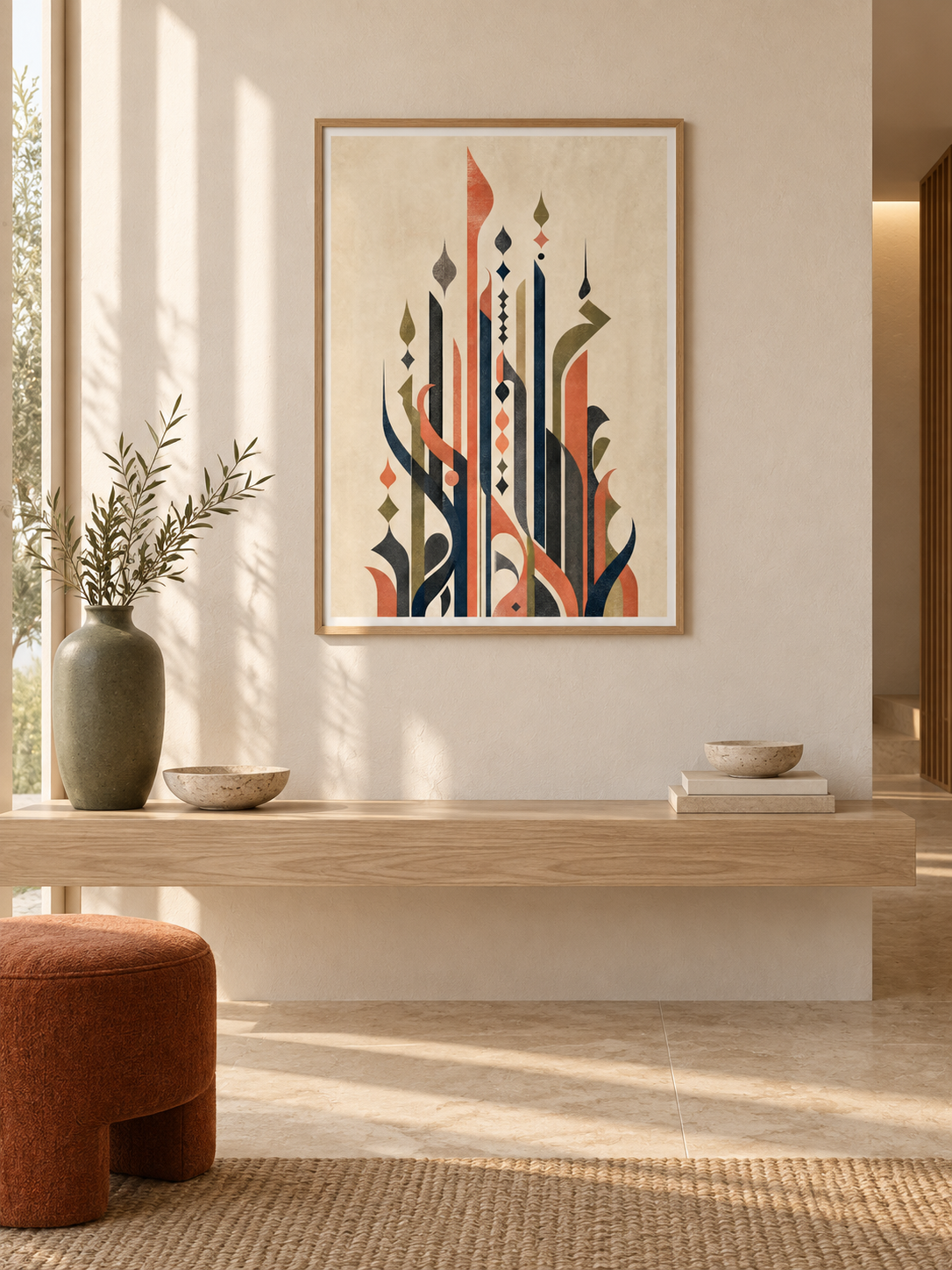 Extension: vertical Arabic-inspired letterforms in charcoal olive and terracotta, displayed in a slim light wooden texture PVC frame in a styled interior.