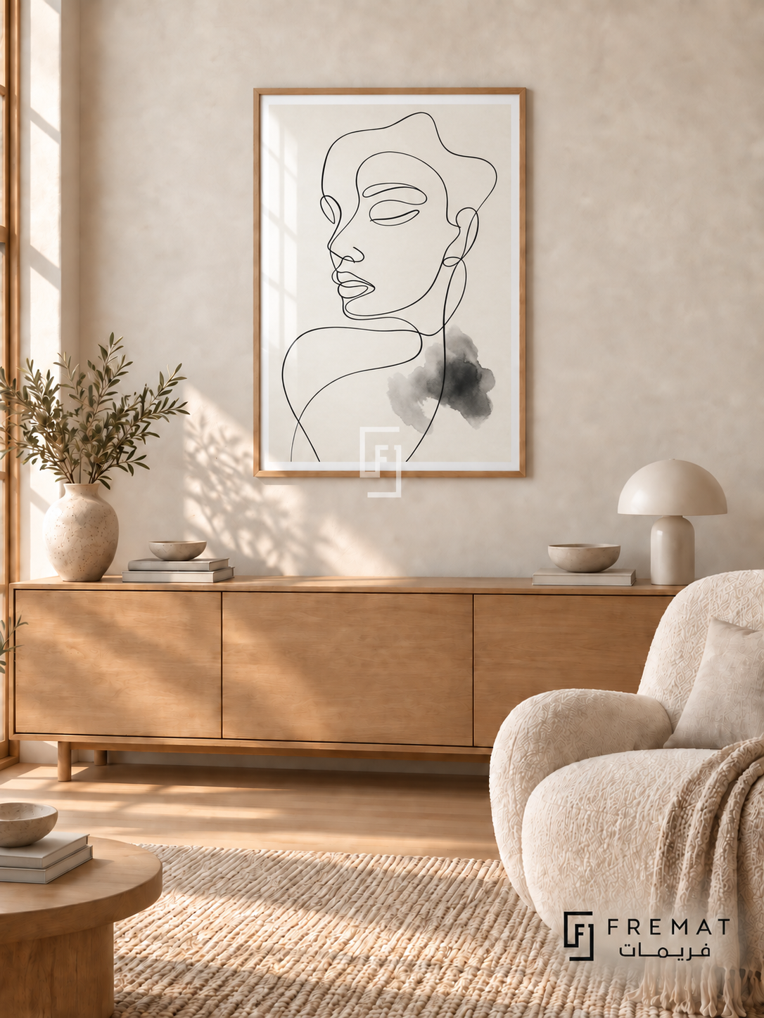 Contour by FREMAT: portrait line art in a wooden texture PVC frame with a printed white border, displayed in a styled interior.
