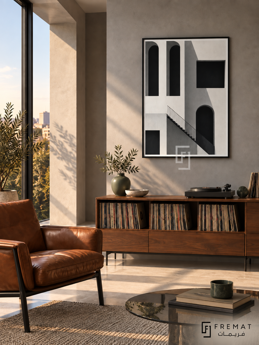 Shadow Facade by FREMAT: architectural arches and stairs in a black PVC frame with a printed white border, displayed in a styled interior.