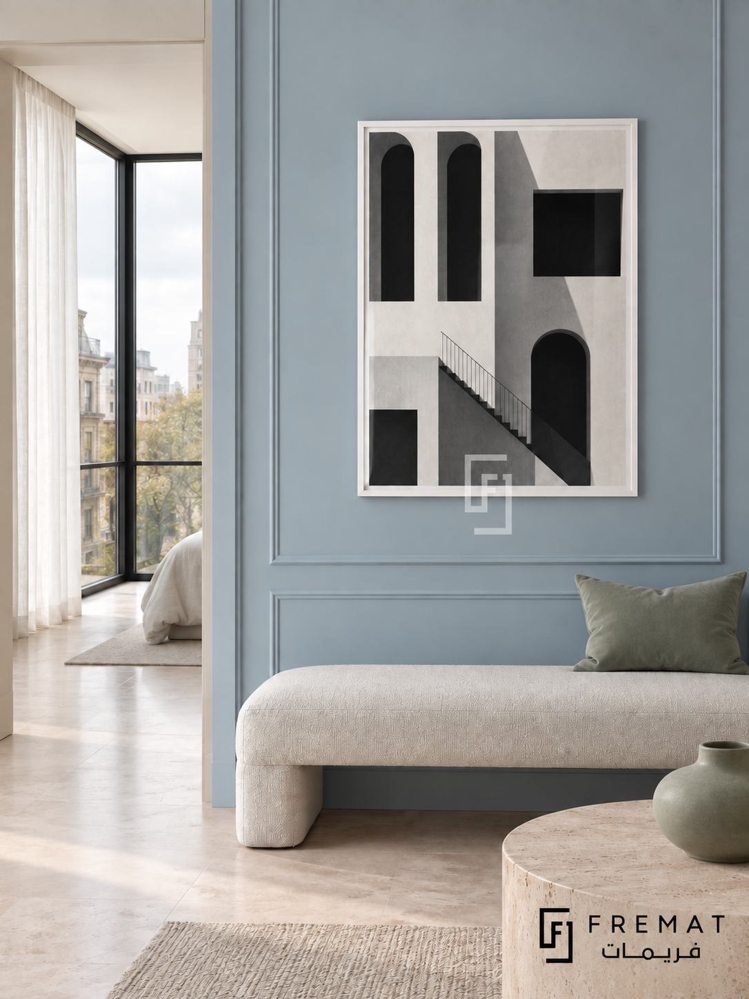 Shadow Facade by FREMAT: architectural arches and stairs in a white PVC frame with a printed white border, displayed in a styled interior.