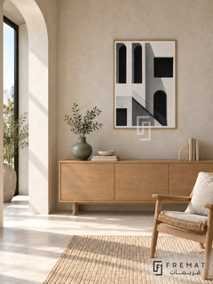 Shadow Facade by FREMAT: architectural arches and stairs in a wooden texture PVC frame with a printed white border, displayed in a styled interior.