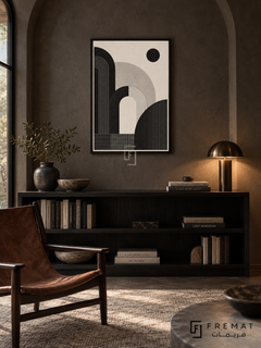 Arch Study by FREMAT: geometric arches and grids in a black PVC frame with a printed white border, displayed in a styled interior.
