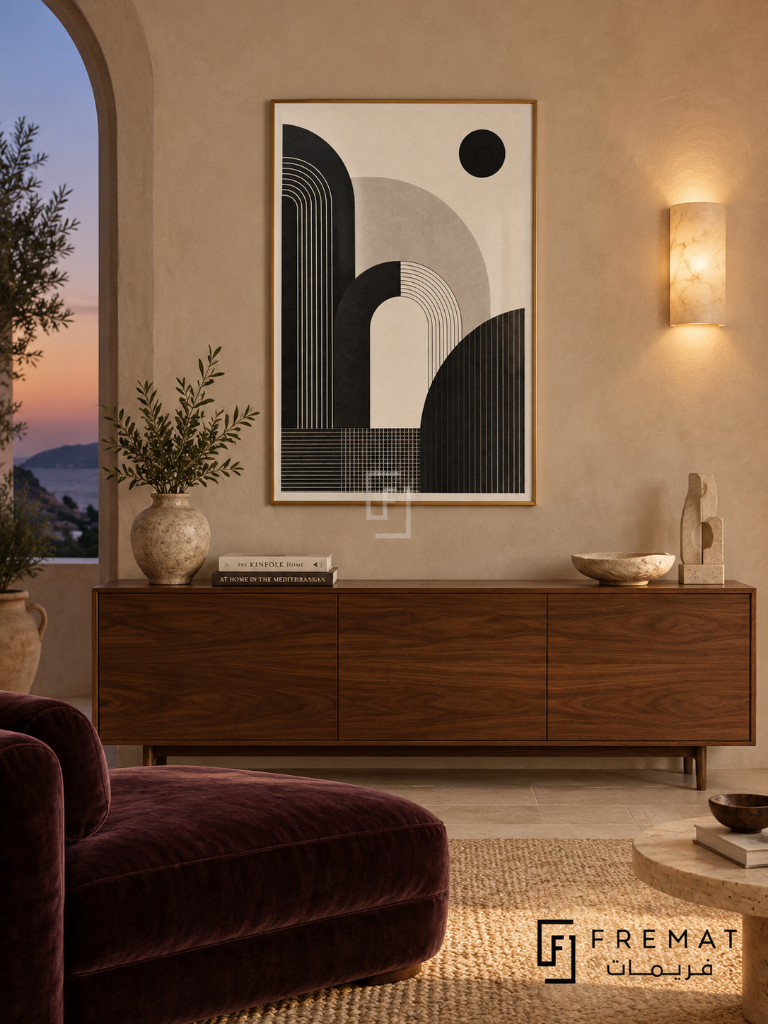 Arch Study by FREMAT: geometric arches and grids in a gold PVC frame with a printed white border, displayed in a styled interior.