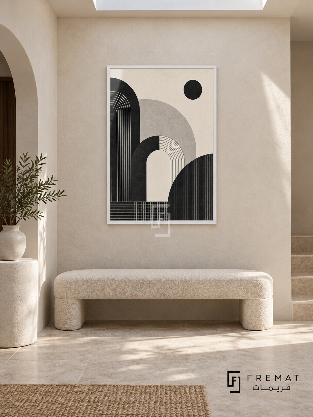 Arch Study by FREMAT: geometric arches and grids in a white PVC frame with a printed white border, displayed in a styled interior.