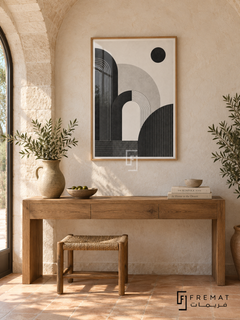 Arch Study by FREMAT: geometric arches and grids in a wooden texture PVC frame with a printed white border, displayed in a styled interior.