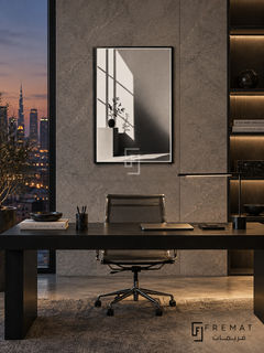 Window Light by FREMAT: window shadows and a vase in a black PVC frame with a printed white border, displayed in a styled interior.