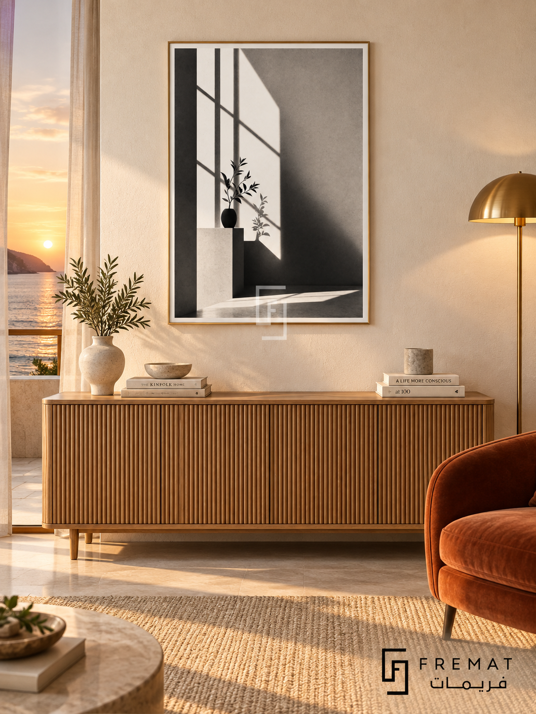 Window Light by FREMAT: window shadows and a vase in a gold PVC frame with a printed white border, displayed in a styled interior.