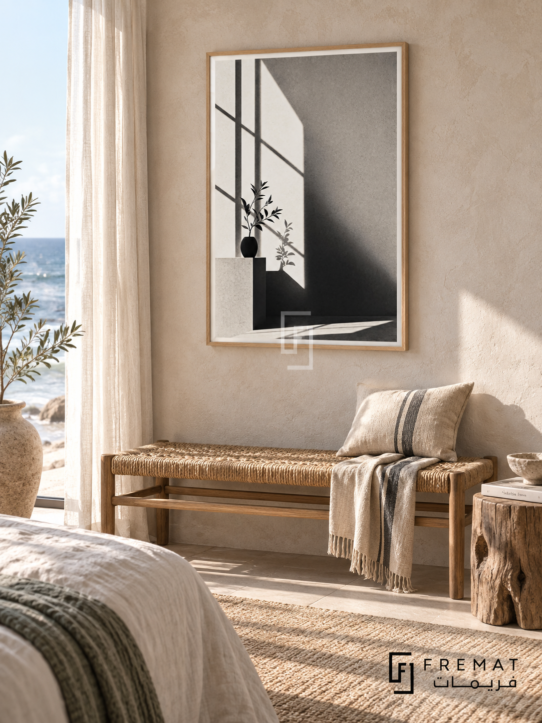Window Light by FREMAT: window shadows and a vase in a wooden texture PVC frame with a printed white border, displayed in a styled interior.