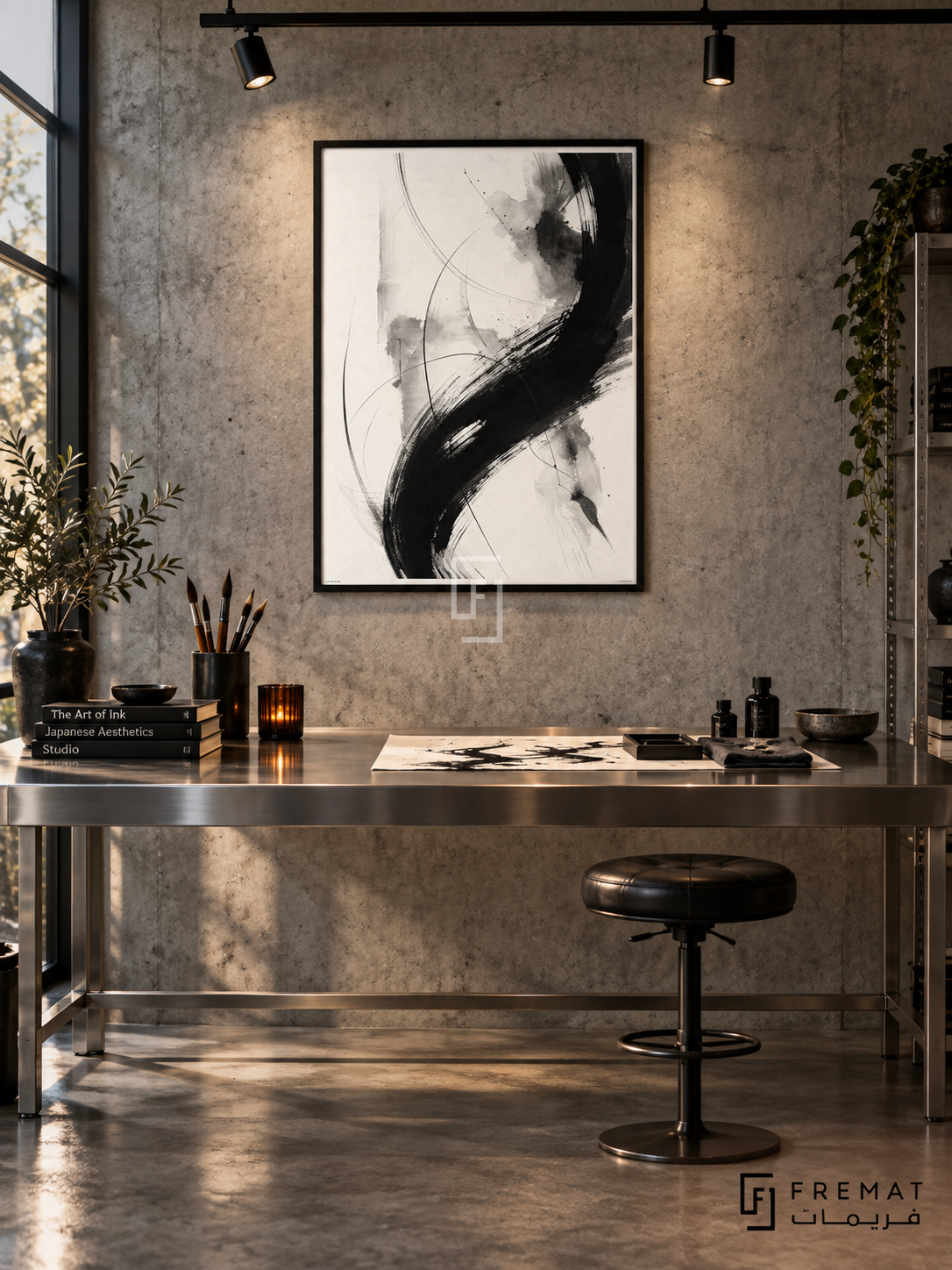 Ink Motion by FREMAT: expressive brushwork in a black PVC frame with a printed white border, displayed in a styled interior.