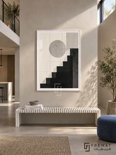 Graphic Steps by FREMAT: stepped geometric shapes in a white PVC frame with a printed white border, displayed in a styled interior.