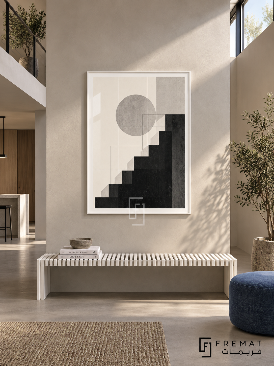 Graphic Steps by FREMAT: stepped geometric shapes in a white PVC frame with a printed white border, displayed in a styled interior.