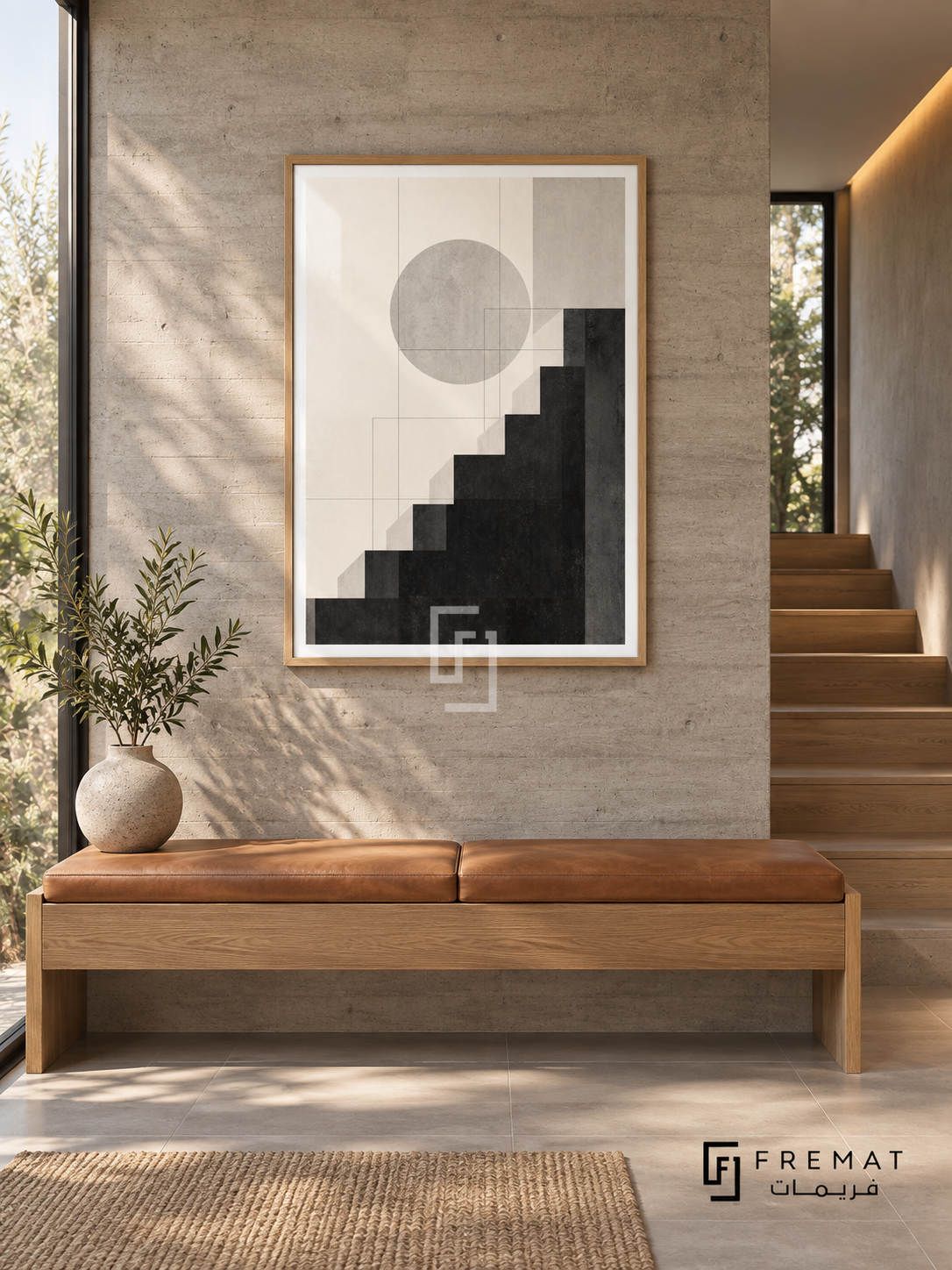 Graphic Steps by FREMAT: stepped geometric shapes in a wooden texture PVC frame with a printed white border, displayed in a styled interior.