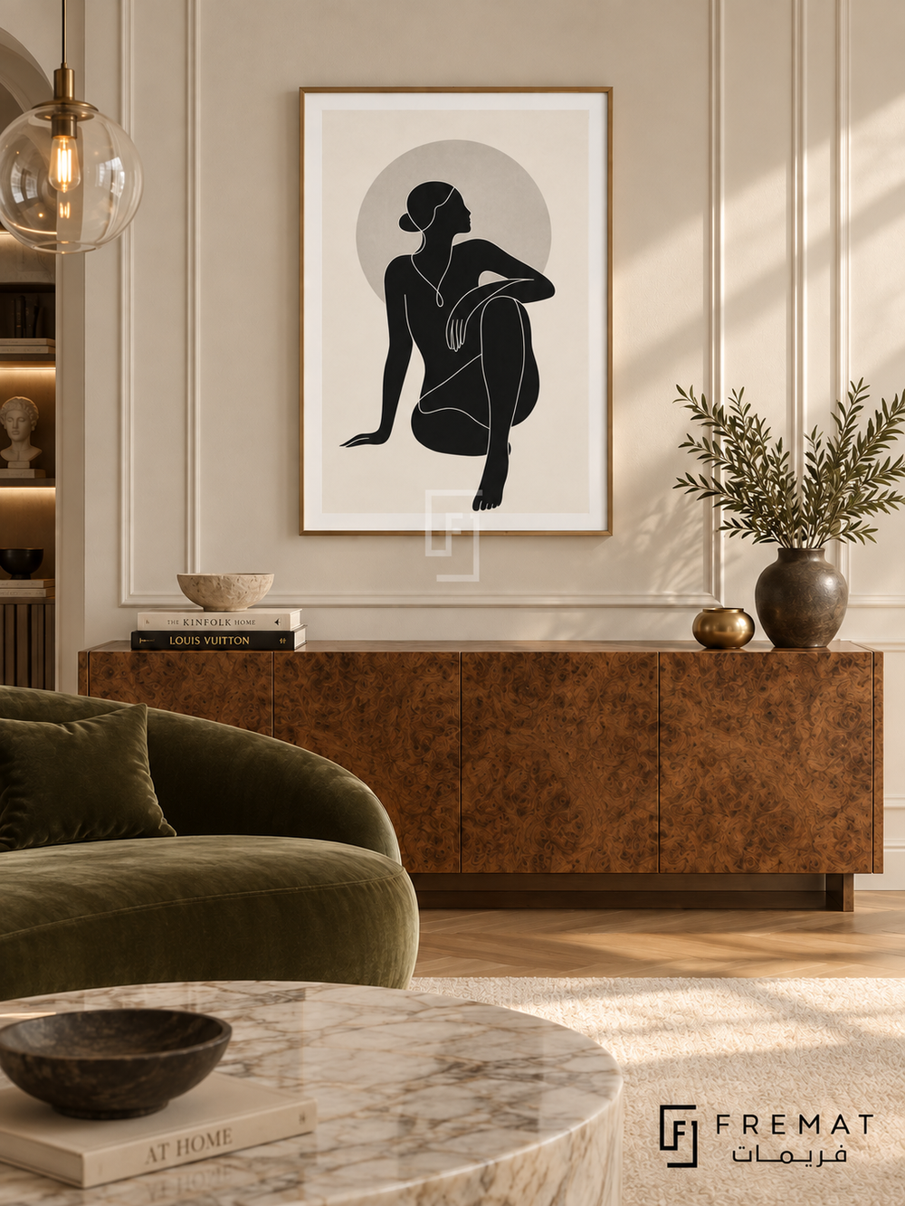 Figure In Space by FREMAT: a seated figure and grey circle in a gold PVC frame with a printed white border, displayed in a styled interior.