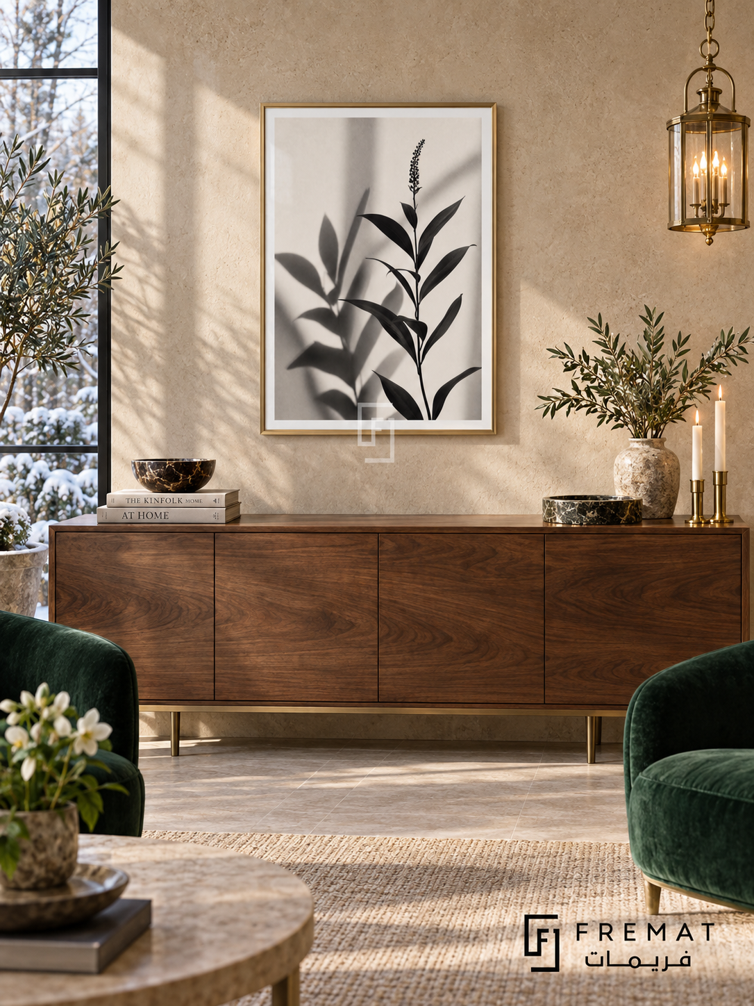 Botanical Shadow by FREMAT: botanical leaves and shadows in a gold PVC frame with a printed white border, displayed in a styled interior.