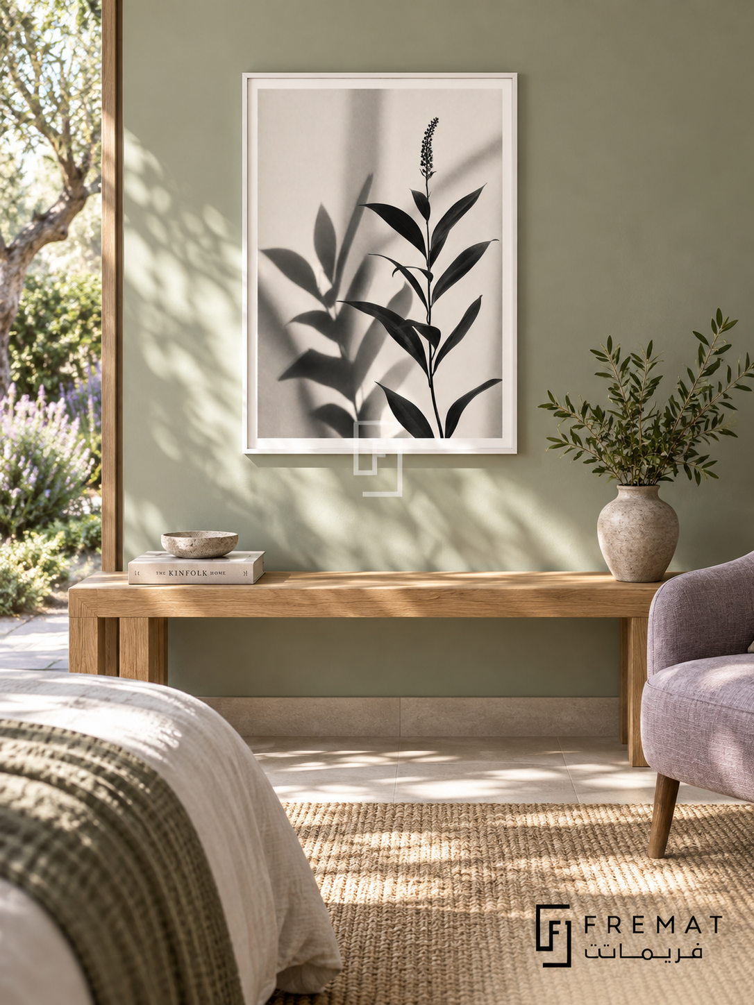 Botanical Shadow by FREMAT: botanical leaves and shadows in a white PVC frame with a printed white border, displayed in a styled interior.