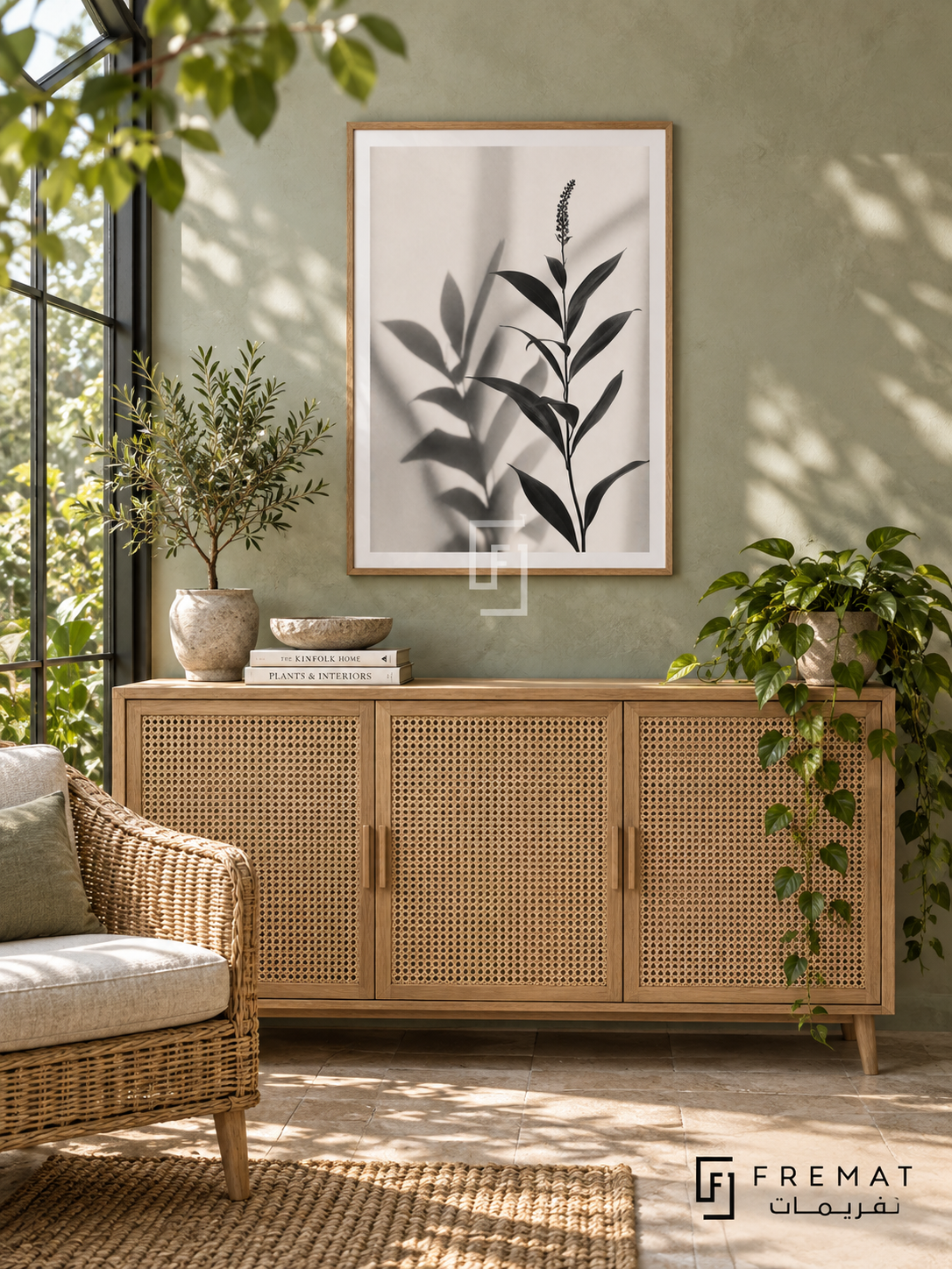 Botanical Shadow by FREMAT: botanical leaves and shadows in a wooden texture PVC frame with a printed white border, displayed in a styled interior.