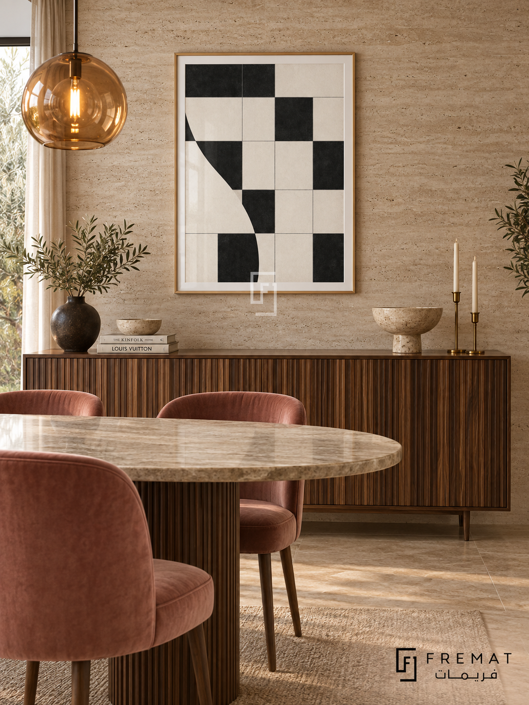 Checker Rhythm by FREMAT: an abstract checker pattern in a gold PVC frame with a printed white border, displayed in a styled interior.