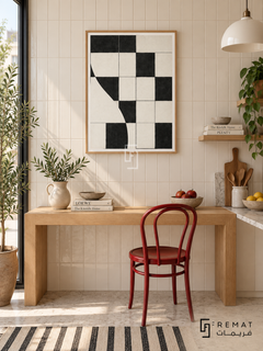 Checker Rhythm by FREMAT: an abstract checker pattern in a wooden texture PVC frame with a printed white border, displayed in a styled interior.