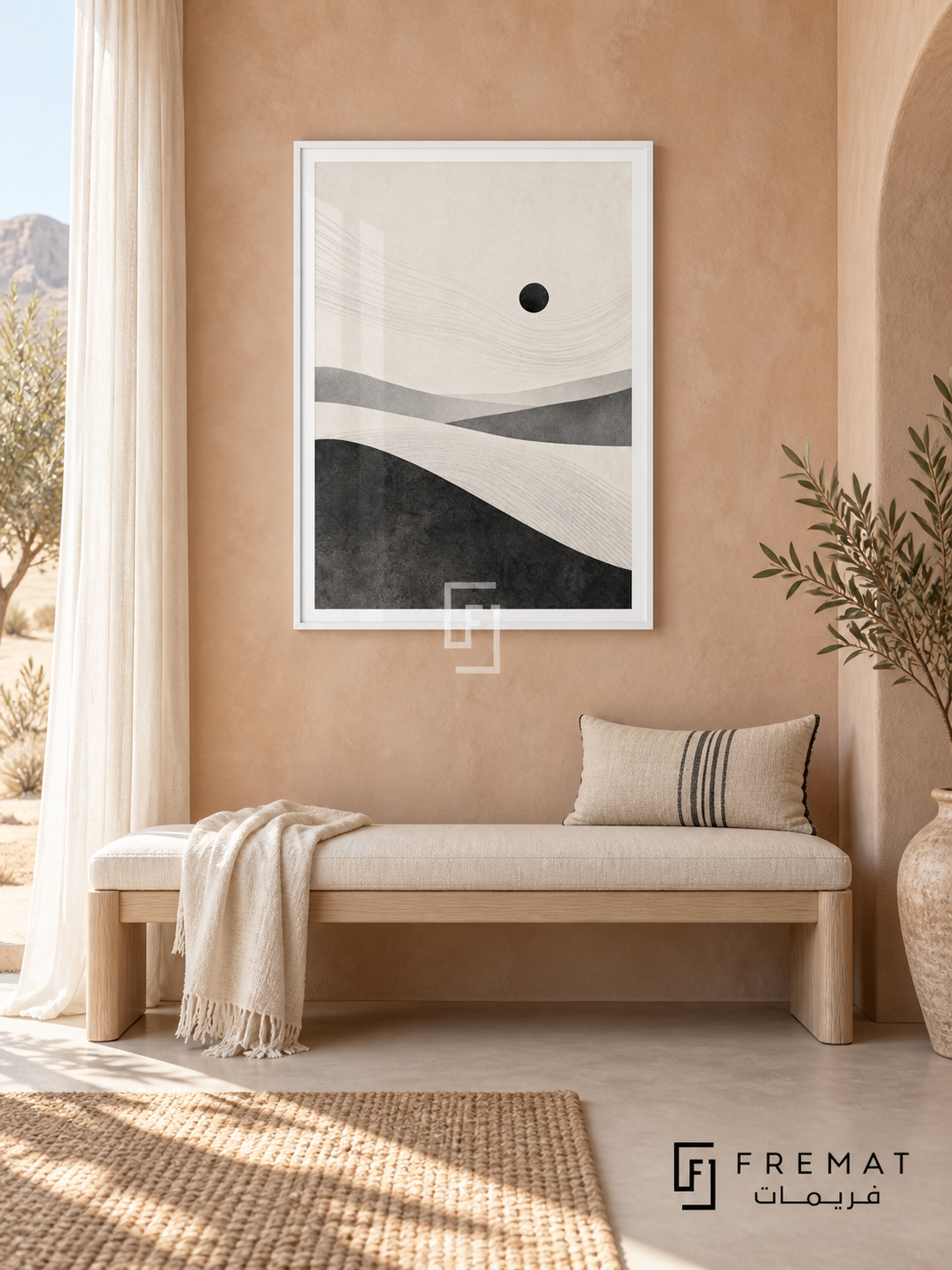 Desert Minimal by FREMAT: minimal desert dunes in a white PVC frame with a printed white border, displayed in a styled interior.
