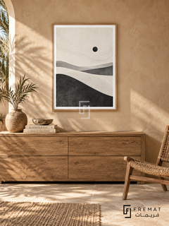 Desert Minimal by FREMAT: minimal desert dunes in a wooden texture PVC frame with a printed white border, displayed in a styled interior.
