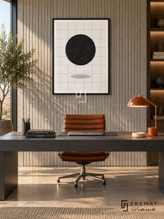 Sun Grid by FREMAT: a black sun and fine grid in a black PVC frame with a printed white border, displayed in a styled interior.