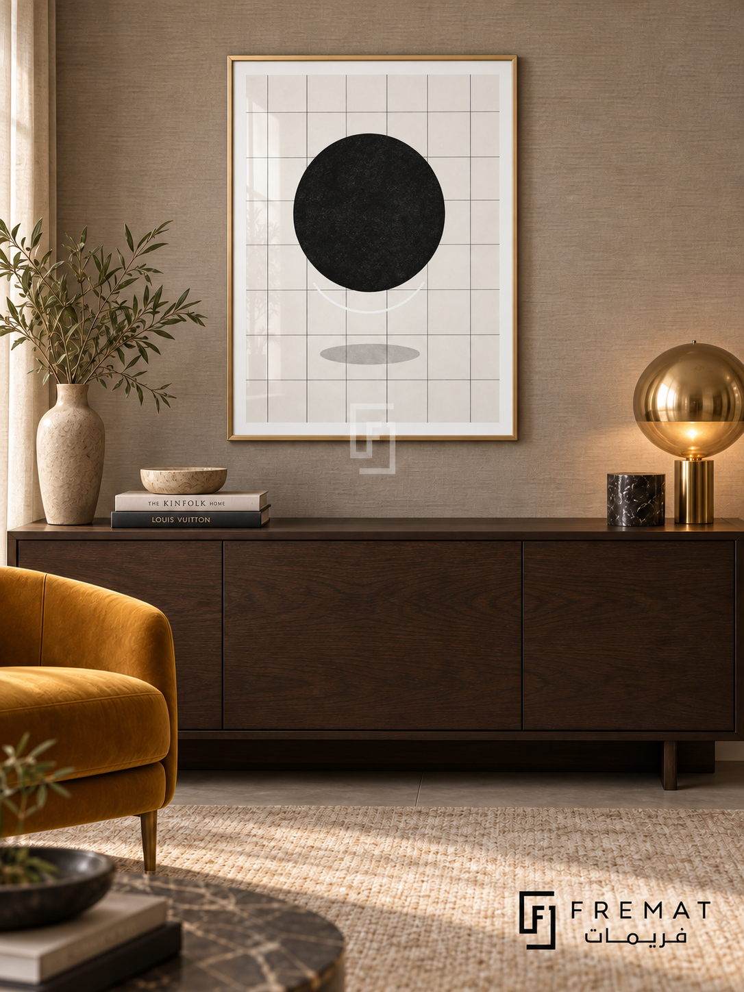 Sun Grid by FREMAT: a black sun and fine grid in a gold PVC frame with a printed white border, displayed in a styled interior.