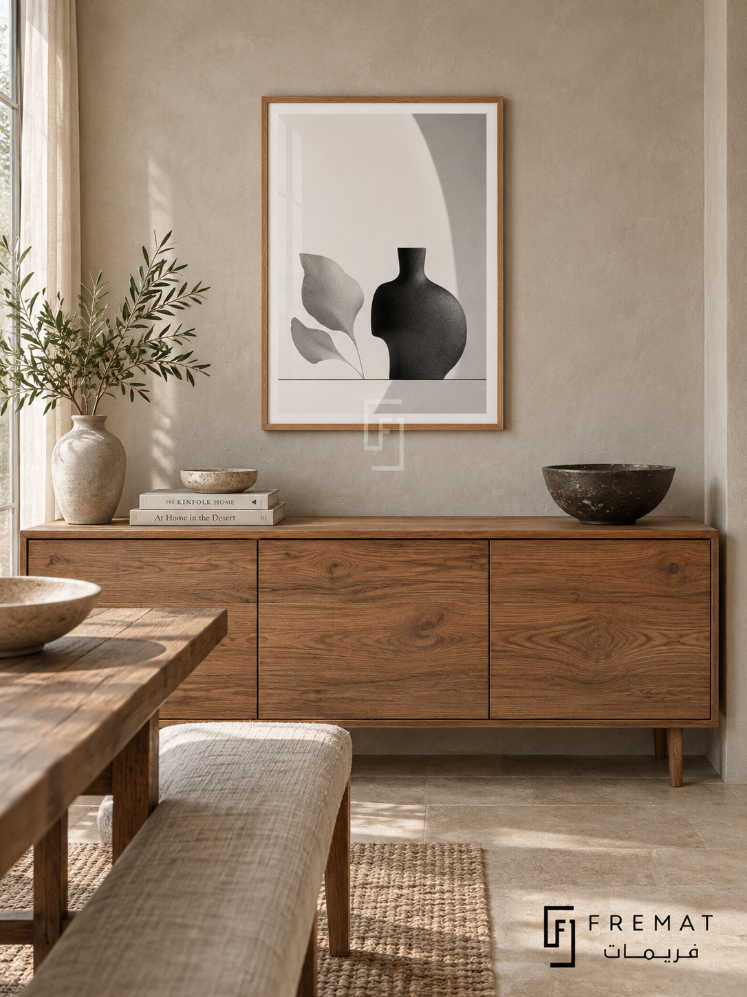 Quiet Vessel by FREMAT: a sculptural vase and leaves in a wooden texture PVC frame with a printed white border, displayed in a styled interior.