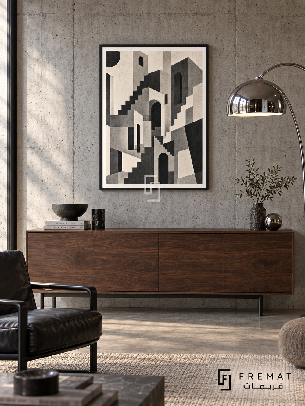 City Cutout by FREMAT: an abstract architectural city in a black PVC frame with a printed white border, displayed in a styled interior.