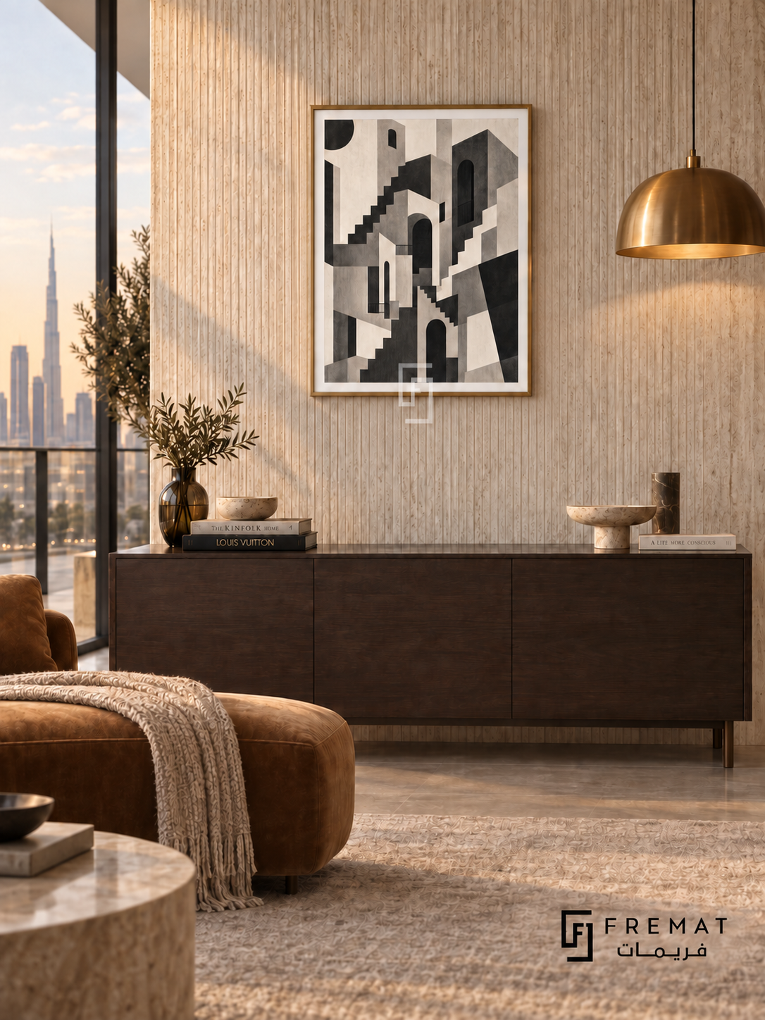 City Cutout by FREMAT: an abstract architectural city in a gold PVC frame with a printed white border, displayed in a styled interior.