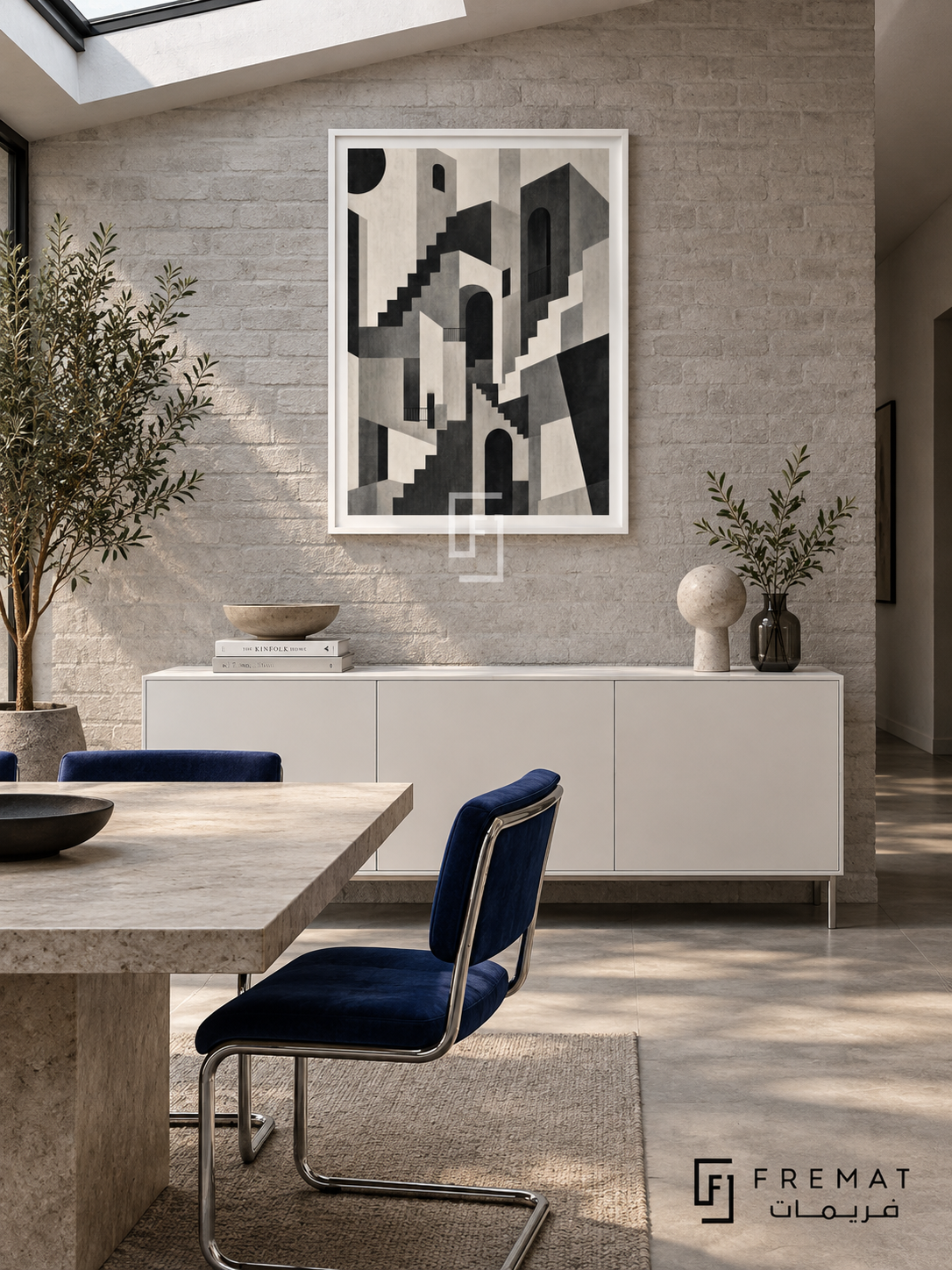 City Cutout by FREMAT: an abstract architectural city in a white PVC frame with a printed white border, displayed in a styled interior.