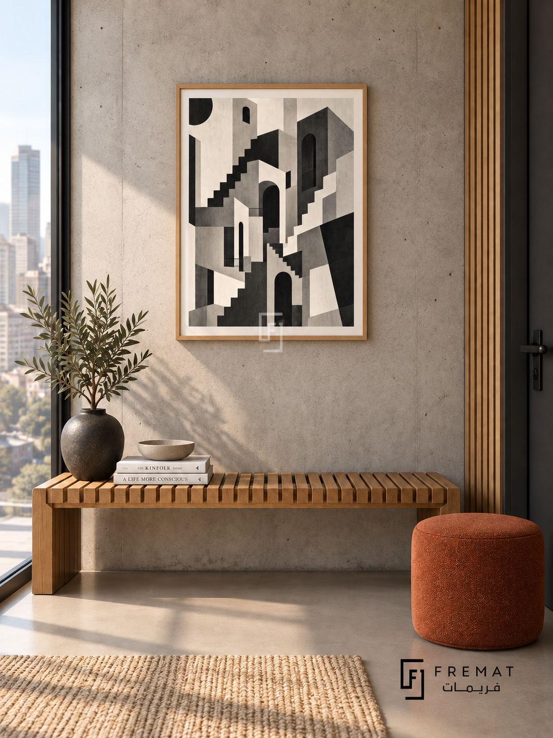 City Cutout by FREMAT: an abstract architectural city in a wooden texture PVC frame with a printed white border, displayed in a styled interior.
