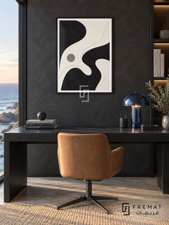 Wave Form by FREMAT: flowing monochrome curves in a black PVC frame with a printed white border, displayed in a styled interior.