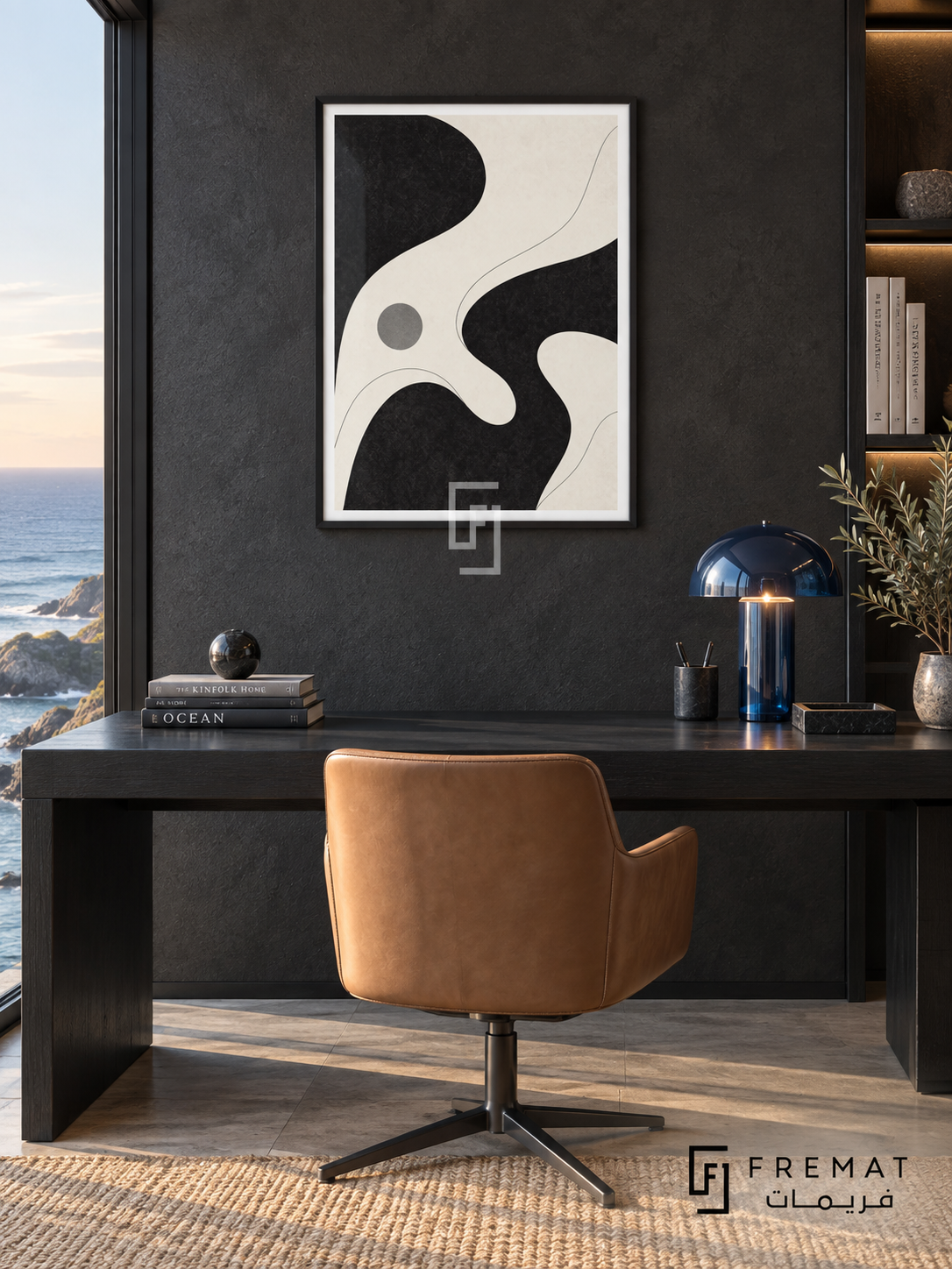 Wave Form by FREMAT: flowing monochrome curves in a black PVC frame with a printed white border, displayed in a styled interior.