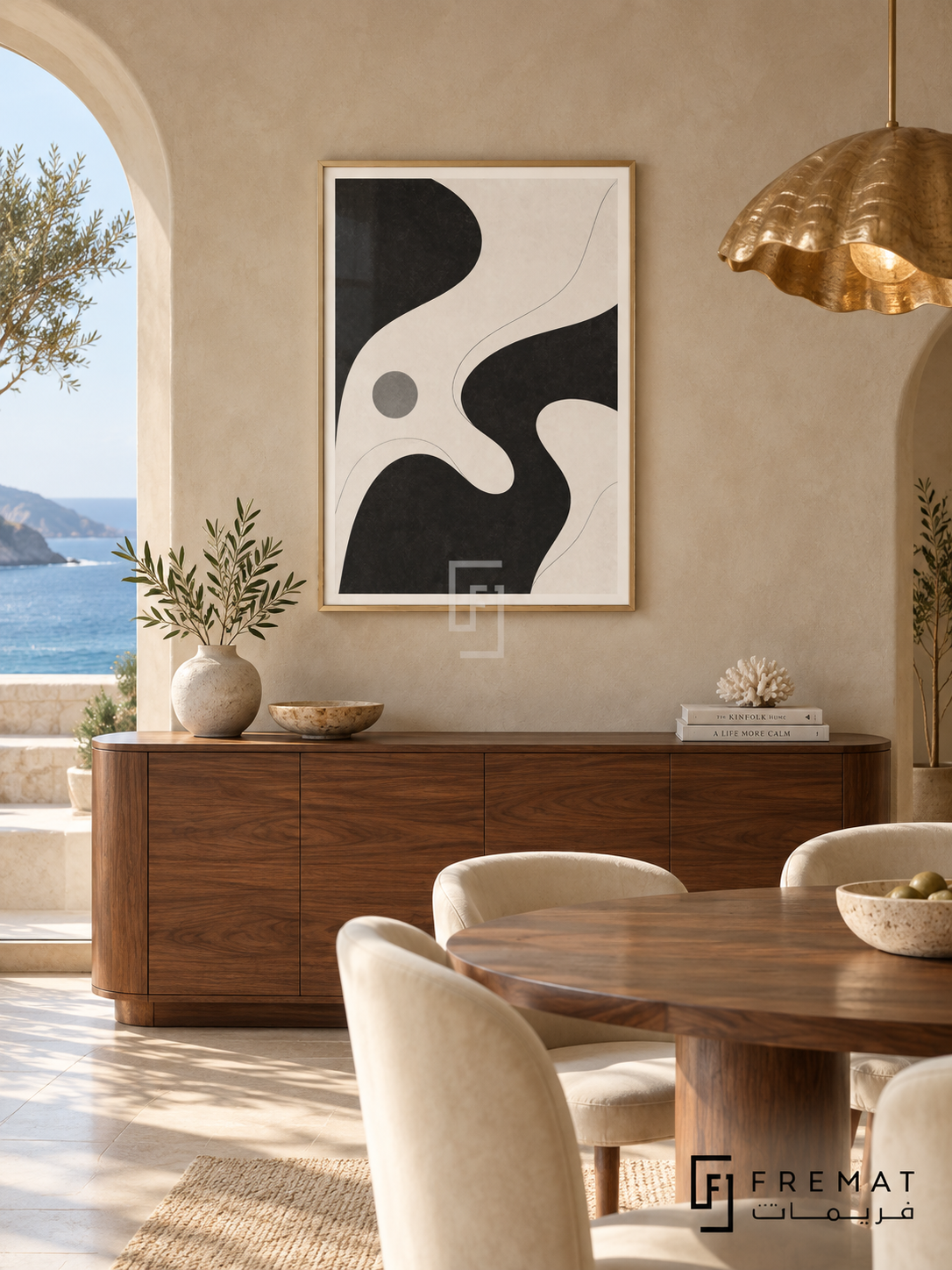 Wave Form by FREMAT: flowing monochrome curves in a gold PVC frame with a printed white border, displayed in a styled interior.
