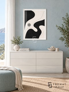 Wave Form by FREMAT: flowing monochrome curves in a white PVC frame with a printed white border, displayed in a styled interior.